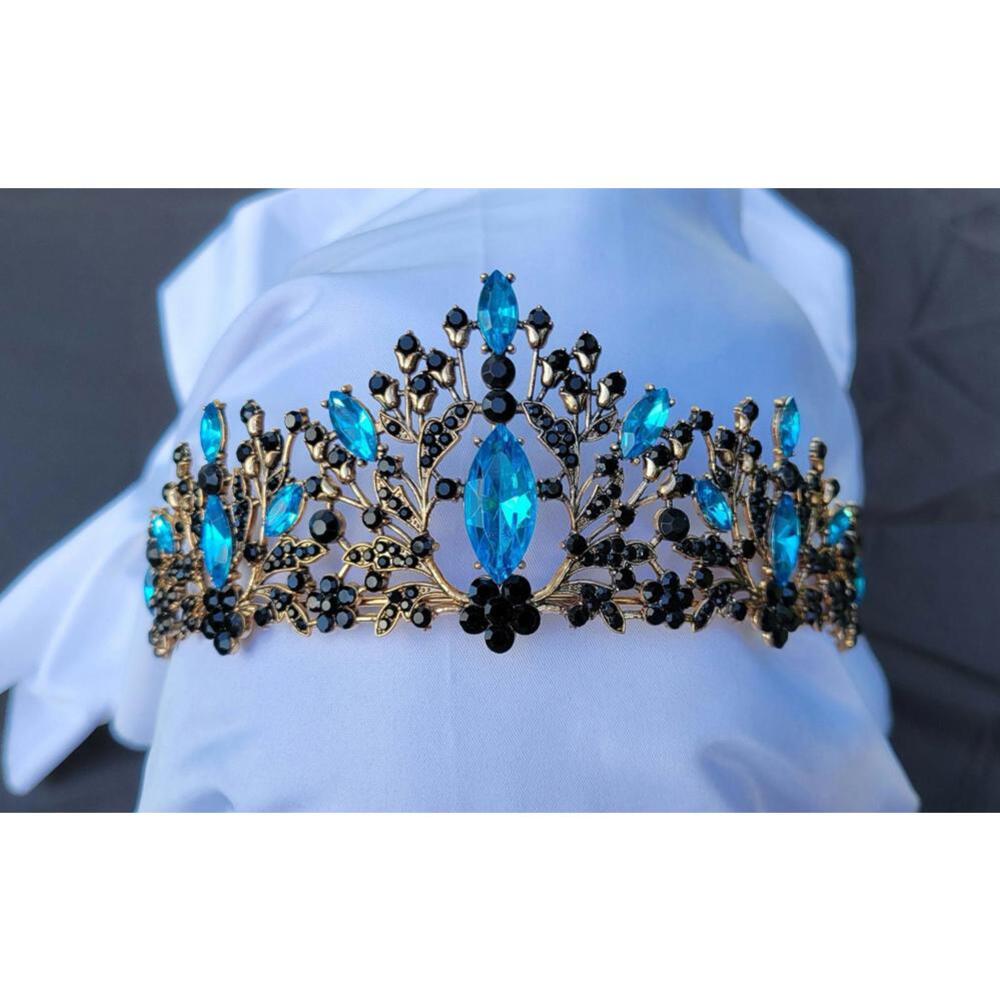 Aqua Blue Crystal Tiara Bridal Black Crown Birthday Wedding Gift Diadem Vintage